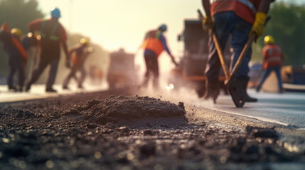 A brigade of workers is working on a road-building project