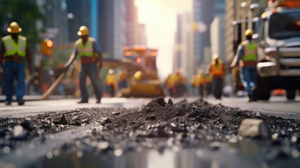 A brigade of workers is working on a road-building project