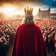 Fotobehang Rear view of old king with a crown facing the crowd of people, generative ai illustration © Bits and Splits