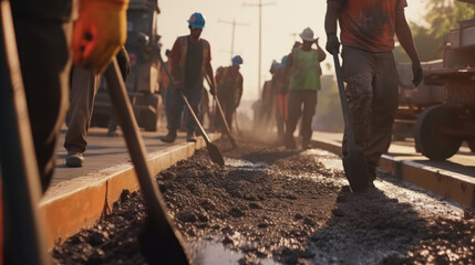 A brigade of workers is working on a road-building project