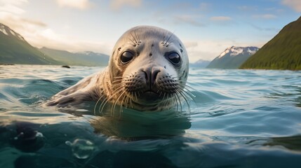 Close Up of a Rescued Seal in the Ocean with Snow-Capped Mountains in the Background - obrazy, fototapety, plakaty