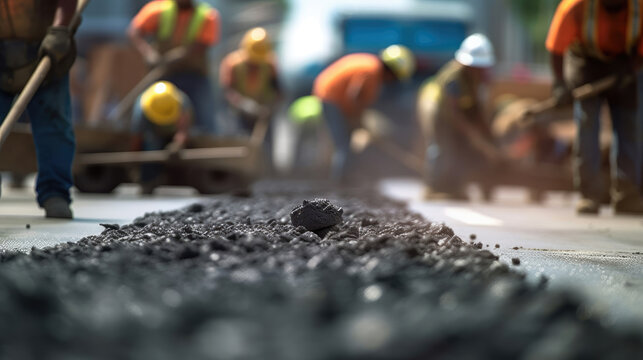 A brigade of workers is working on a road-building project