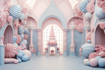 Fantastical candy-themed hall with pastel pink and blue decor, ornate columns, and whimsical confections.