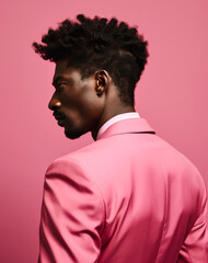 Fototapeta na wymiar Handsome and attractive young man, African American in an elegant and formal pink suit on a pink background. Minimalism with style.