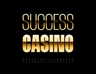Vector trendy sign Success Casino. Stylish Gold Font. Elite Slim Alphabet Letters and Numbers set.