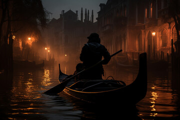 lone gondolier navigating the quiet canals of Venice, their silhouette cast against the dimly lit buildings - obrazy, fototapety, plakaty