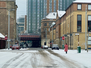 Glasgow city centre view showing snow on the roads during winter