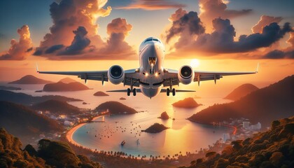 Airplane ascends during island sunset, wheels retracting, sky colorful. Over the island, an airplane takes off into a sunset, hills in the distance. - obrazy, fototapety, plakaty