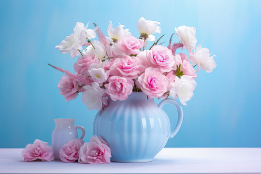 Bright bouquet of pink roses and white flowers in a blue vase on a white surface with a light blue backdrop.