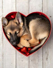 Cute alsatian puppy curled up in a heart shaped box