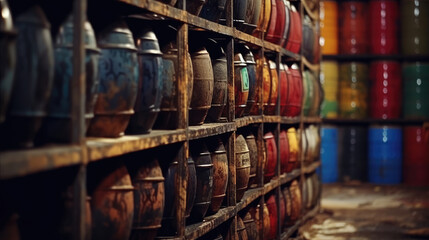Oil barrels in a warehouse