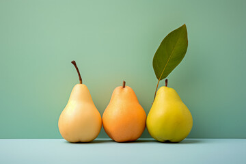 Three pears with a single leaf, in hues of yellow and orange, aligned on a pastel blue surface against a teal background.