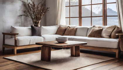 living room interior of modern house sofa and rustic coffee table, 3d render