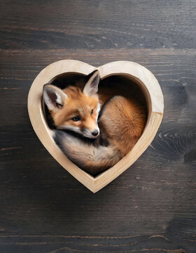 Cute fox curled up in a heart shaped box