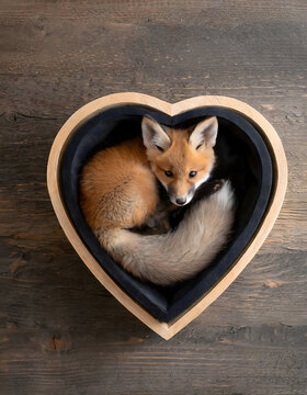 Cute fox curled up in a heart shaped box