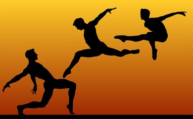 silueta, gente, baile, vector, atardecer, mujer, brincar, danza