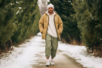 A bearded man in a beige jacket and white beanie walks down a snowy path flanked by evergreen trees.