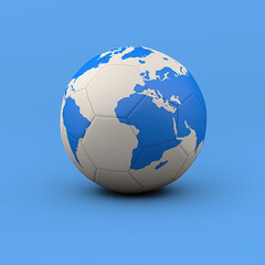 A soccer ball on a blue background. The concept of the globe. 3d rendering. Illustration.