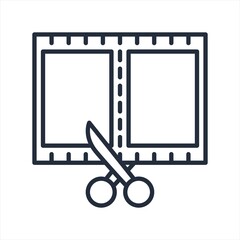Movie film and scissors, video production icon. Video editing industry, movie montage or cinema production thin line vector sign. Filmmaking festival icon or symbol with film strip cut by scissors

