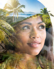 Double exposure of young adult female and tropical holiday scene