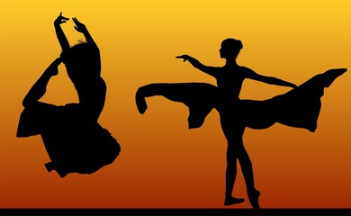silueta, gente, baile, vector, atardecer, mujer, brincar, danza