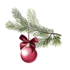Christmas card with Fir branch and christmas ball. Illustration for greeting card and invitation. Winter holidays poster