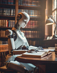 Humanoid robot studying in library