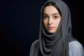 A woman wearing a grey scarf looks at the camera