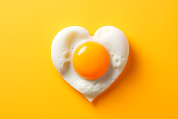 Still life of an egg on a yellow background in the shape of a heart to have health benefits at a cardiological level - obrazy, fototapety, plakaty