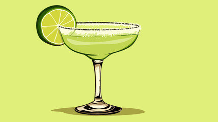copy space, simple vector illustration, hand drawn, Margarita cocktail with lime in glass. Beautiful background for national Margarita day. Happy Margarita day! Background for bar or restaurant.