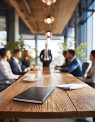 Out of focus business men and women in meeting room