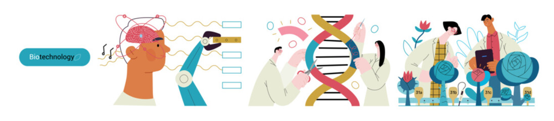 Bio Technology -modern flat vector concept illustration of improving aspects of healthcare, agriculture, environmental sustainability, industrial processes. Metaphor of bridging Science and Nature
