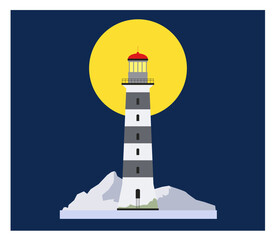 Lighthouses banner. Vector drak flat lighthouse. Lighthouse beacon and marine seaside architecture flat style. Floodlight towers
