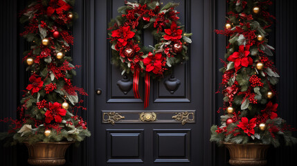 Fototapeta na wymiar Holiday Spirit Embodied - A Festive Christmas Wreath Adorning the Front Door with Seasonal Joy
