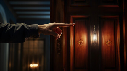 A Gentle Reach - Hand Stretching Towards a Classic Monochromatic Doorbell in Anticipation - obrazy, fototapety, plakaty