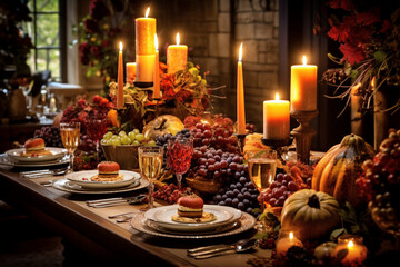Fototapeta na wymiar Christmas dinner table, Christmas table setting, fruits lying on table