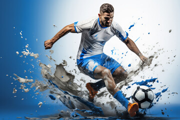 Soccer player in action on a white background with watercolor splashes, banner, space for text