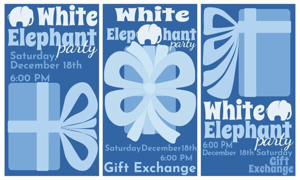 White elephant party, set of card or flyer design for traditional holiday game
