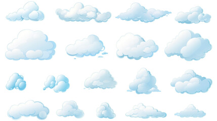 Set of cartoon clouds in flat style. Collection of white clouds isolated on transparent background PNG file.