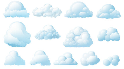 Set of cartoon clouds in flat style. Collection of white clouds isolated on transparent background PNG file.