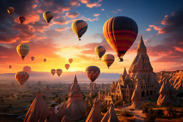 Capture the whimsical charm of Cappadocia's skyline with a mesmerizing photo showcasing a fleet of...