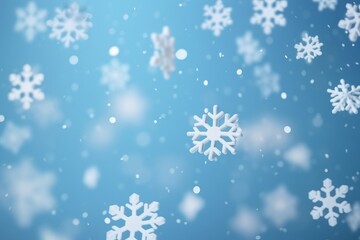 Fototapeta na wymiar Christmas and New Year background. Snowflakes falling in front of muted soft blue backdrop.