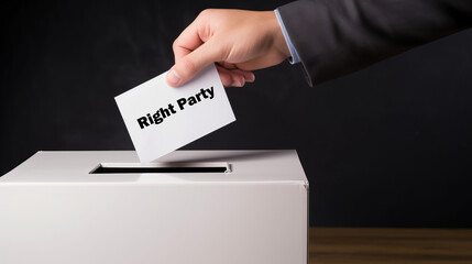 Hand casting a ballot into the election box with &ldquo;Right Party&rdquo; written on the paper. A democratic gesture reflecting political alignment.