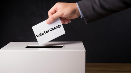 Hand casting a ballot into the election box with &ldquo;Vote for Change&rdquo; written on the paper. A democratic call for transformation.