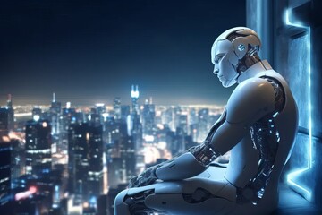 A humanoid robot, sits worriedly on the balcony of a tall building in a futuristic dystopian city. Uncertainty, depression and alienation of the ordinary and modern man, Ai tech, concept.  - obrazy, fototapety, plakaty