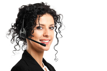 Confident female support agent with a headset on a white backgro