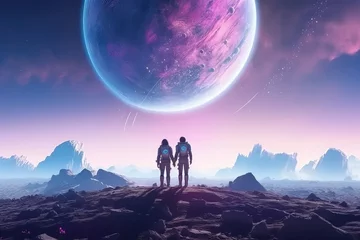 Foto op Canvas Two astronauts on an unknown alien planet and big moon in background. Adam and Eve, love idea. The beginning of a new world. Humanity, minimalist hope concept. © Amel