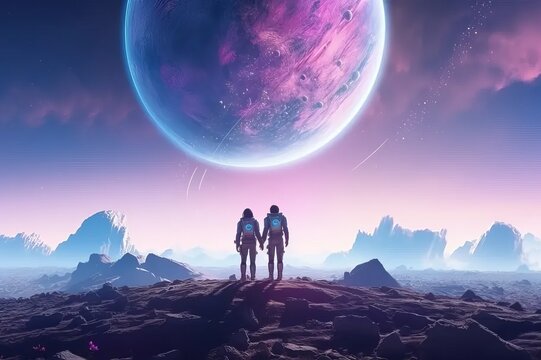 Two astronauts on an unknown alien planet and big moon in background. Adam and Eve, love idea. The beginning of a new world. Humanity, minimalist hope concept.