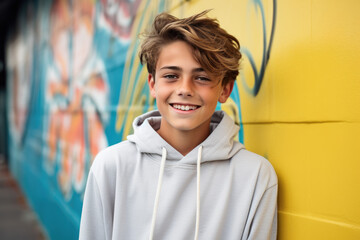A young boy wearing a grey hoodie is smiling in front of a graffiti wall