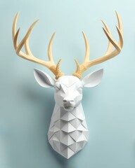 Deer head isolated on a soft blue background. Paper art 3d craft. 